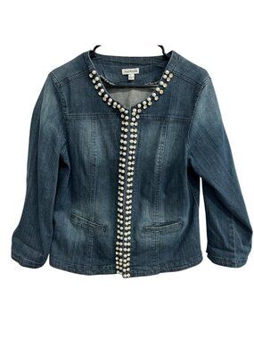 Joan Rivers Embellished Denim Jacket Womens Large Blue Buttonless Pearl Accents